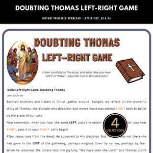 May include: Printable game titled "Doubting Thomas Left-Right Game." The design features an illustration of Jesus with his disciples, a brown Bible with a cross, and the text "4 VERSION." The game is designed for instant download.