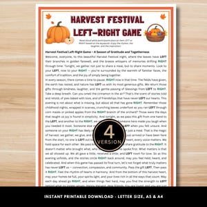 Peut inclure: Un jeu imprimable de la fête des récoltes gauche-droite, avec des illustrations de citrouille et de panier de fruits. Le texte comprend des instructions pour un jeu de gratitude saisonnier, disponible en format lettre, A5 et A4.