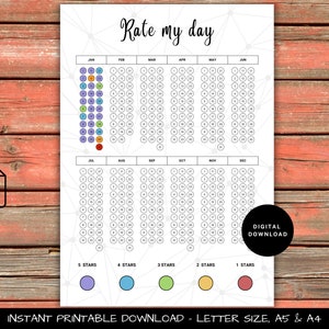 Pode incluir: Calendário imprimível com uma grade de círculos para classificar cada dia do ano em uma escala de 1 a 5 estrelas. O calendário é intitulado "Rate my day" e inclui os meses do ano, de janeiro a dezembro. A escala de classificação é representada por cinco círculos coloridos: roxo para 5 estrelas, azul para 4 estrelas, verde para 3 estrelas, amarelo para 2 estrelas e vermelho para 1 estrela.