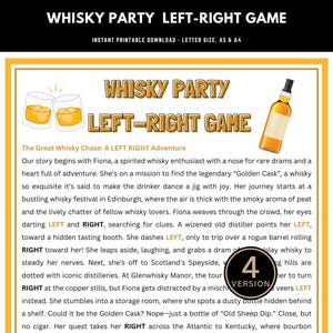 Może przedstawiać: Drukowana karta do gry z żółtym tłem i tekstem "Whisky Party Left-Right Game" w kolorze czarnym. Na karcie znajduje się również tekst "The Great Whisky Chase: A Left Right Adventure". Karta jest grą, w której należy dokonywać wyborów między lewą a prawą stroną.