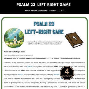 Peut inclure: Jeu imprimable Psaume 23 Gauche-Droite. Le jeu présente un cadre vert, le titre "Psaume 23 Jeu Gauche-Droite", et des illustrations d'un berger avec des moutons et une Bible. Le texte guide les joueurs.