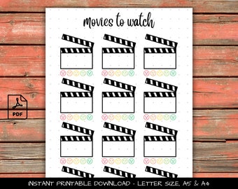 Film da guardare - Pagina diario A5 - Tracker stampabile - Tracker del diario di visione dei film - Elenco dei film stampabili - Elenco dei consigli sui film, pdf