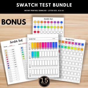 May include: Printable swatch test pages for artists and crafters. The pages feature different layouts for testing paint, markers, and other art supplies. The bundle includes 15 pages in A4 size.
