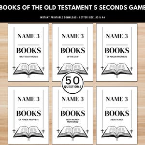 Peut inclure: Un ensemble de six cartes de jeu imprimables en noir et blanc. Chaque carte présente le mot "BOOKS" au-dessus d'une illustration d'un livre ouvert. Le jeu s'intitule "BOOKS OF THE OLD TESTAMENT 5 SECONDS GAME".