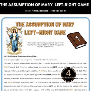 May include: Printable game titled "The Assumption of Mary Left-Right Game." The design features an illustration of Mary, angels, and a brown book with a cross. The game is inspired by Luke 1:46-55 and the Church's Tradition.
