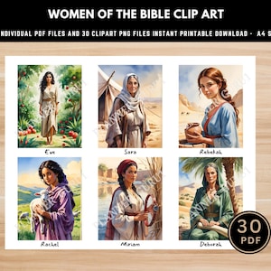 May include: A digital art print featuring six portraits of women from the Bible: Eve, Sara, Rebekah, Rachel, Miriam, and Deborah. The artwork is available as 30 individual PDF files and 30 clipart PNG files, A4 size.