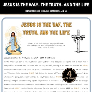 Peut inclure: Feuille de jeu imprimable intitulée "Jésus est le chemin, la vérité et la vie". Comprend une illustration de Jésus, une croix et des instructions de jeu. Comprend le texte "Téléchargement imprimable instantané - Format lettre, A5 et A4."
