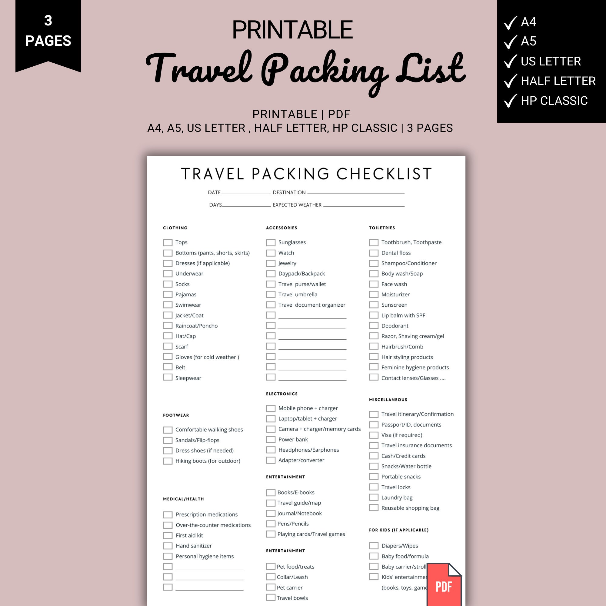 Packing List Layout.pdf Printable Travel Packing List - Instant Download, Vacation Planner ...
