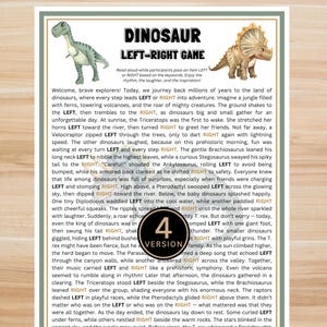 May include: A colorful dinosaur-themed game sheet with illustrations of a green dinosaur and a brown dinosaur. The text reads "Dinosaur Left-Right Game" and includes instructions for a fun activity.