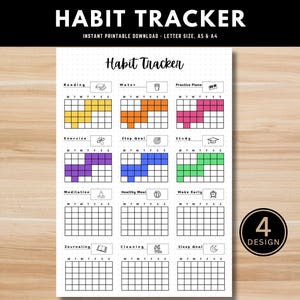 Peut inclure: Un planificateur d'habitudes imprimable avec une grille noire et blanche. Le planificateur comporte 12 sections pour différentes habitudes, notamment la lecture, l'eau, l'exercice, l'objectif de pas, l'étude, la méditation, le repas sain, le réveil matinal, la tenue d'un journal, le nettoyage et l'objectif de sommeil. Chaque section a une petite icône représentant l'habitude. Le planificateur est intitulé "Habit Tracker" et porte une étiquette "4 Design" dans le coin inférieur droit.