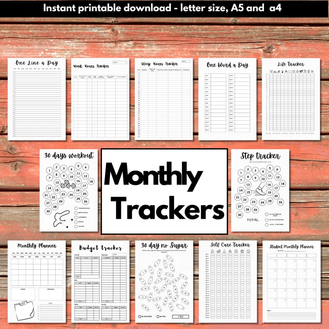 Monthly Trackers Bundle: Printable Journal - 12 Designs for Bullet ...