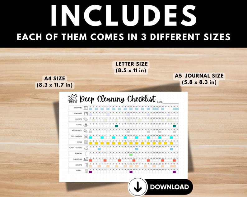 Customizable cleaning tracker in A4, A5 and letter size for personalized chore lists.