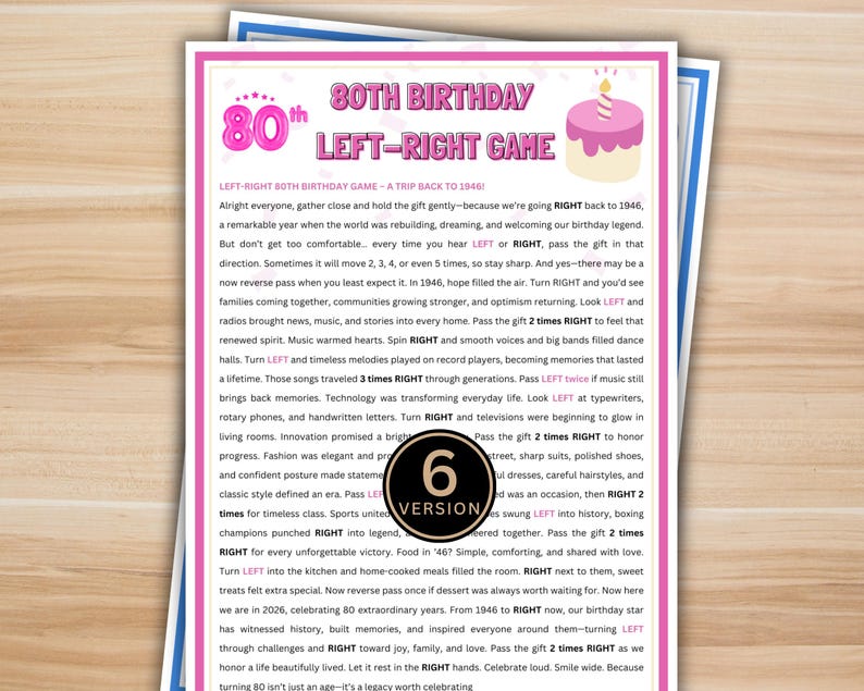 Pink color version of 80th birthday left right game printable – fun 1946 themed pass the present game with cake, balloons and bold text