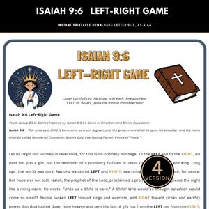 Peut inclure: Jeu imprimable intitulé "Isaïe 9:6 Jeu Gauche-Droite" avec du texte et des illustrations. Le design comprend un livre marron avec une croix, un dessin animé d'une personne avec une couronne et les mots "GAUCHE" et "DROITE".