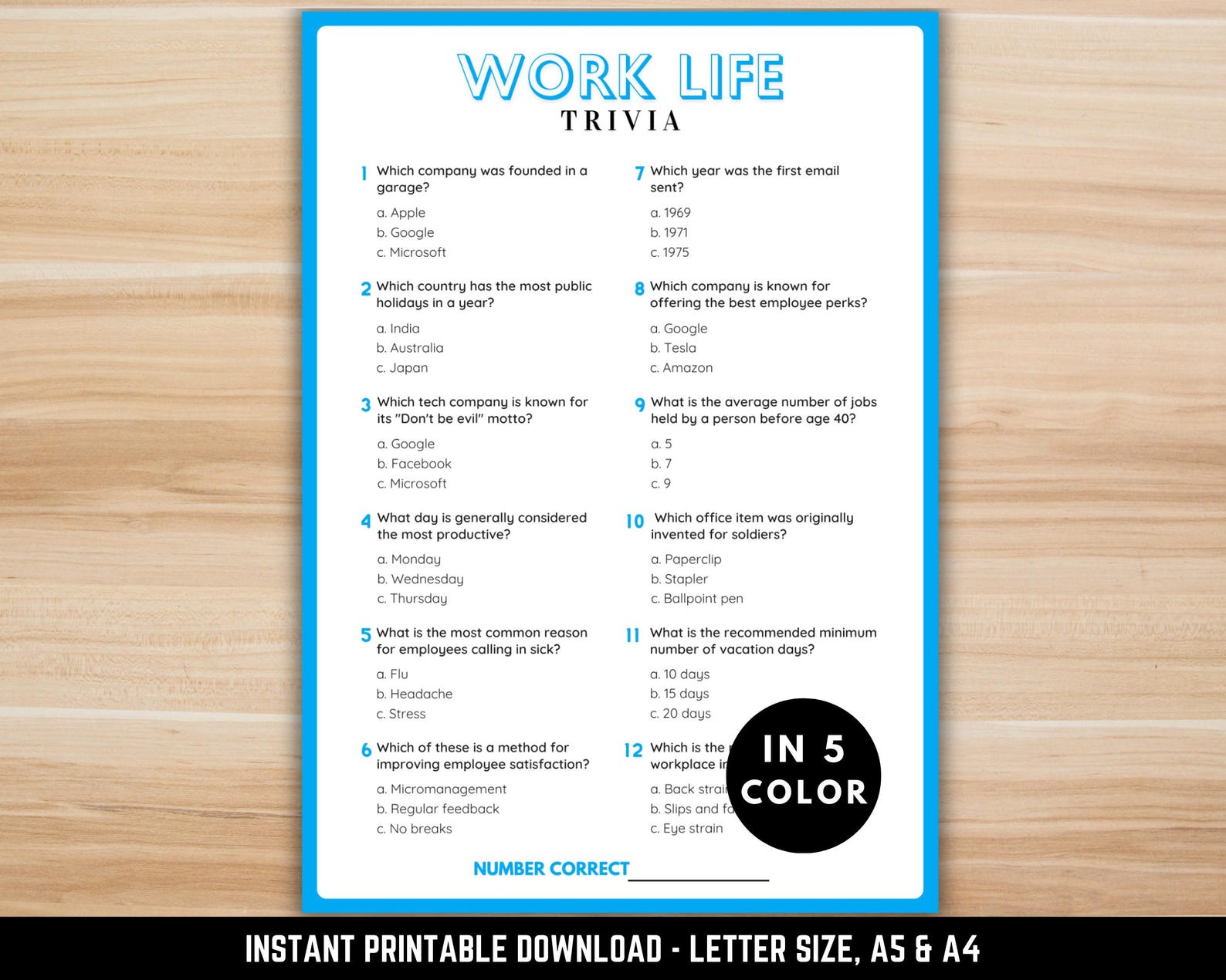 Workday Trivia Work Trivia Game | Office Party Game | Printable Work Game for Team ...