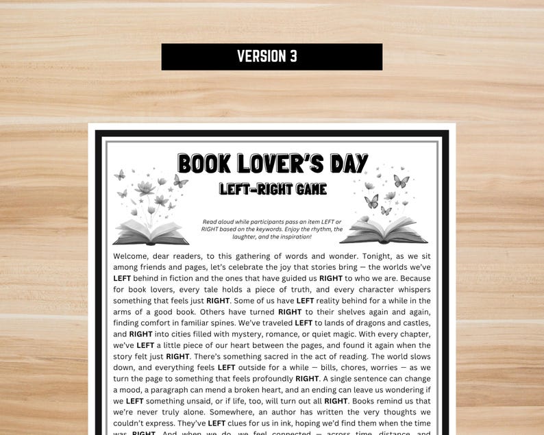 Book Lover’s Day printable – Left Right Game for library events, teachers, and reading groups