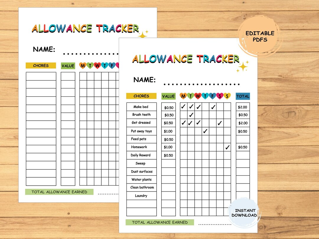 Allowance Part List Example Editable Kids Allowance Tracker: Weekly Chore Chart and Printable ...