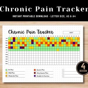 May include: Printable chronic pain tracker with a grid for each day of the year. The grid is color-coded to track pain levels: no pain (green), mild pain (yellow), moderate pain (orange), severe pain (red), very severe pain (dark red), and unable to function (purple).
