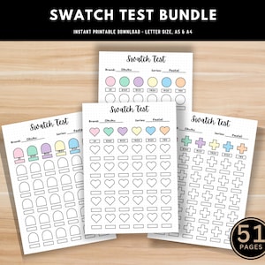 Peut inclure: Un ensemble de trois feuilles de test d'échantillons imprimables avec différentes formes pour tester la peinture, l'encre ou d'autres matériaux. Les feuilles sont intitulées "Swatch Test" et comprennent un espace pour la marque, la série et le nom de la couleur. Les formes comprennent des cercles, des cœurs, des arches, des signes plus et des carrés.