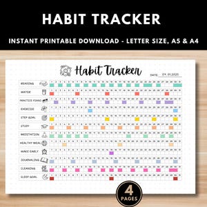 Peut inclure: Un suivi d'habitudes imprimable avec un design coloré. Le suivi comprend un champ de date, une liste d'habitudes et une grille pour suivre les progrès. Les habitudes comprennent la lecture, l'eau, la pratique du piano, l'exercice, l'objectif de pas, l'étude, la méditation, le repas sain, le réveil matinal, la tenue d'un journal, le nettoyage et l'objectif de sommeil.
