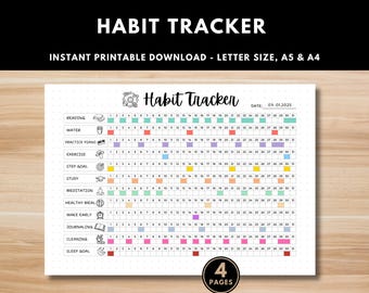Habit Tracker Printable - Monthly Goal Planner - Fitness & Health Tracker - Bullet Journal Template - Editable Planner Page