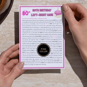 Pink 80th birthday left right game printable – 1946 themed pass the present activity with cake illustration for fun milestone party entertainment