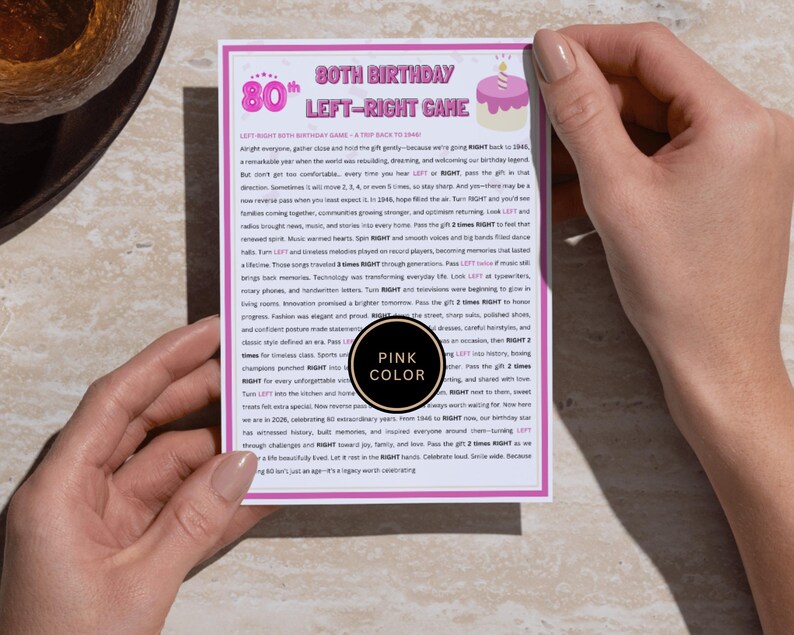 Pink 80th birthday left right game printable – 1946 themed pass the present activity with cake illustration for fun milestone party entertainment
