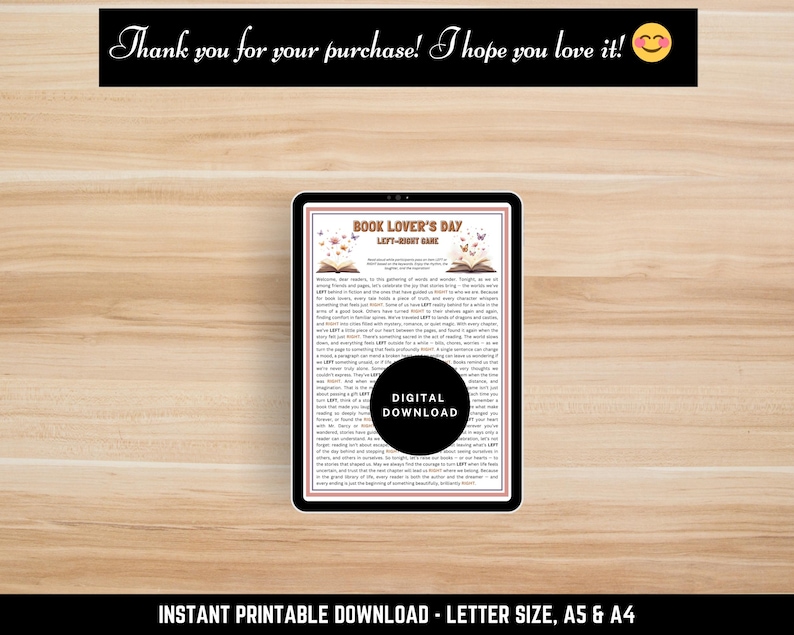 Printable reading activity – Book Lover’s Day Left Right story game, PDF instant download