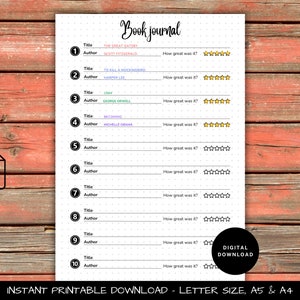 Peut inclure: Un journal de lecture imprimable en noir et blanc. Il comprend des sections pour le titre, l'auteur et l'évaluation. Le texte "Book journal" est en haut. Le bas de la page indique "INSTANT PRINTABLE DOWNLOAD - LETTER SIZE, A5 & A4."