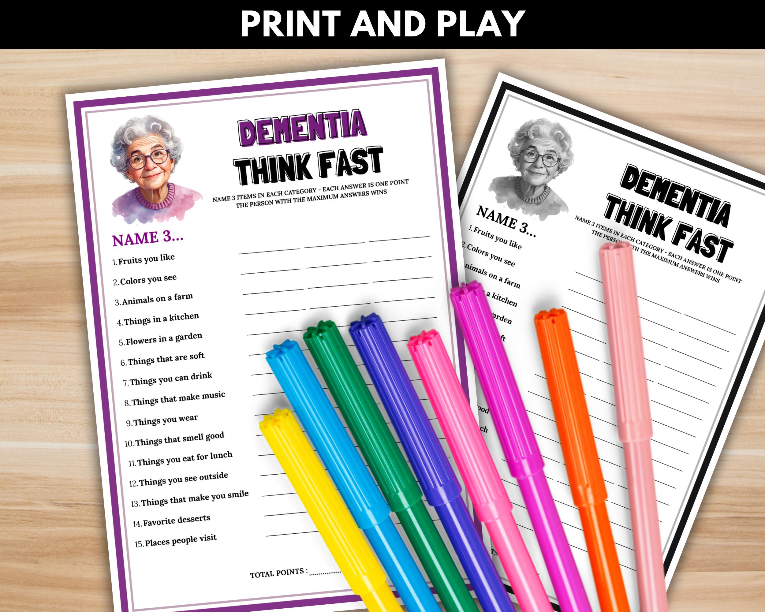 Dementia Think Fast Game Printable, Memory Activity for Seniors