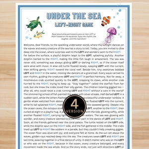 May include: A colorful educational game titled "Under the Sea Left-Right Game" with sea creatures illustrations. The text includes instructions and a story about sea life, with the number "4" in a circle.