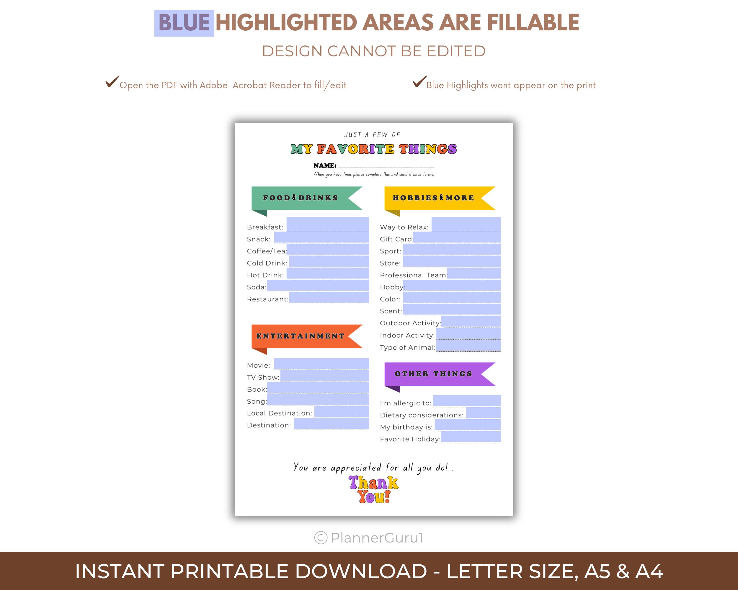 My Favorite Things Survey: Printable Questionnaire for Getting to Know ...