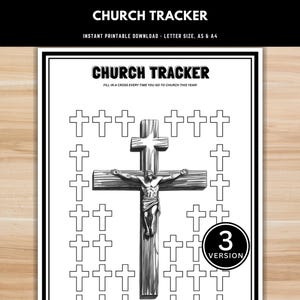 Peut inclure: Image imprimable en noir et blanc "Church Tracker" avec le texte "Church Tracker" et "Remplissez une croix chaque fois que vous allez à l'église cette année". L'image présente une grande croix avec une figure et des croix plus petites.