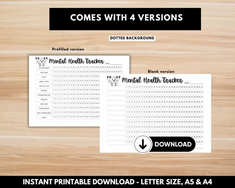 Monthly mental health log for anxiety and emotional wellness. Black and white mental health tracker landscape layout
