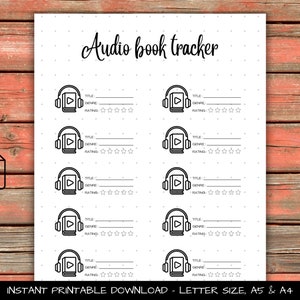 May include: Printable audiobook tracker with 10 spaces to log titles, genres, and ratings. Each space features a black and white illustration of headphones with a book inside.