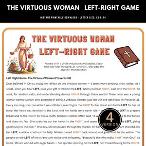 Può includere: Gioco stampabile intitolato "The Virtuous Woman Left-Right Game" con illustrazioni di una donna, fiori e un libro. Le istruzioni del gioco sono incluse, insieme al testo "Download stampabile istantaneo - Formato lettera, A5 e A4."