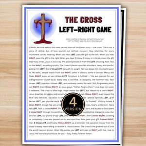 May include: A printed game sheet titled "The Cross Left-Right Game" with a cross illustration. The game instructions are printed on a white background with a blue border. The game is version 4.