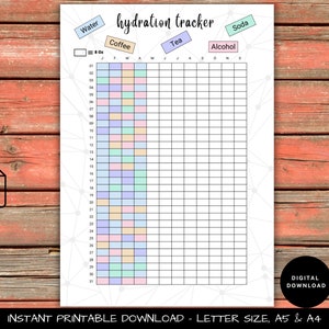May include: Printable hydration tracker with a grid for logging daily water, coffee, tea, soda, and alcohol intake. The tracker is designed for a month and includes a key for 8 oz servings.