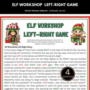 May include: A printable Elf Workshop Left-Right Game, perfect for Christmas. The design features festive red and green borders, with elf illustrations and the game's title. The text explains the game's rules and story.