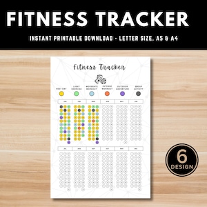 May include: A printable fitness tracker with a black and white design. The tracker includes a calendar with circles for each day of the year. The circles are color-coded to represent different types of exercise, including rest days, light exercise, moderate workout, intense workout, outdoor adventure, and group activity.