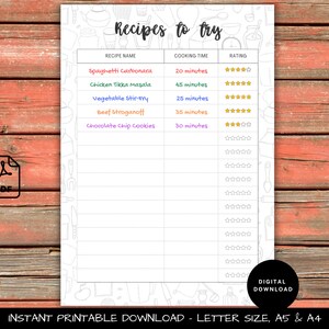 Recetas para probar | Página de diario A5 | Rastreador de recetas imprimible | A4, A5, Carta EE. UU. | Tiempo de cocción y clasificación