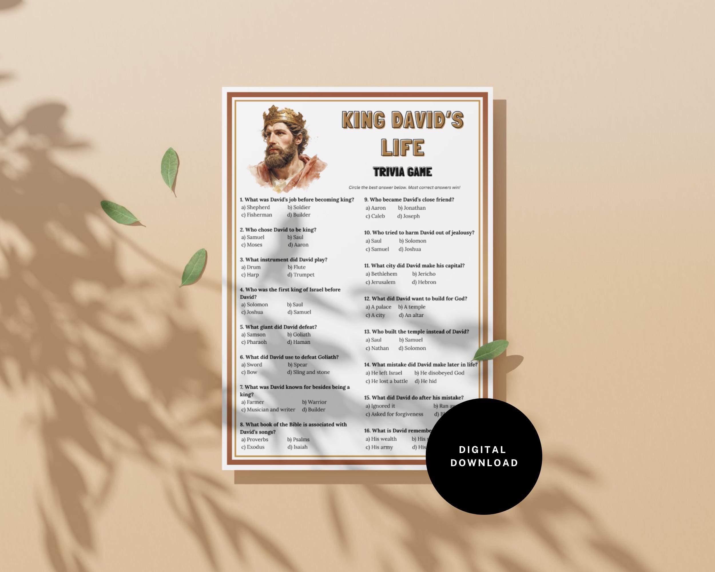 King David Bible Trivia Game Printable, David and Goliath Quiz Kids ...