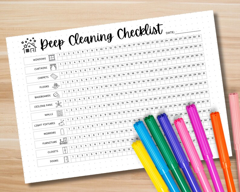 Deep Cleaning Checklist in A4 size with filled sections for quick tracking.