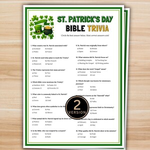 May include: A St. Patrick's Day Bible Trivia game sheet with a green border. The title "St. Patrick's Day Bible Trivia" is at the top, with trivia questions and multiple-choice answers below. A shamrock and pot of gold graphic are at the top.