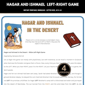 Può includere: Un gioco stampabile intitolato "Hagar and Ishmael Left-Right Game" con il testo "Hagar and Ishmael in the Desert". Il gioco include illustrazioni di personaggi biblici e un libro marrone con una croce. Il gioco è ispirato a Genesi 21:8-21.