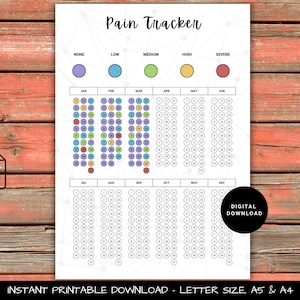 May include: Printable pain tracker calendar with a grid of circles for each day of the year. The circles are color-coded to indicate pain levels: none, low, medium, high, and severe. The calendar is labeled with months from January to December.