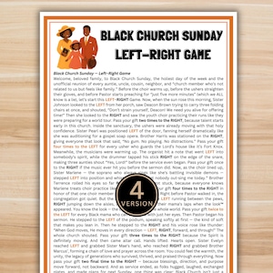 May include: A printed game sheet titled "Black Church Sunday Left-Right Game" with a family illustration and the number 4. The text describes a church service game.