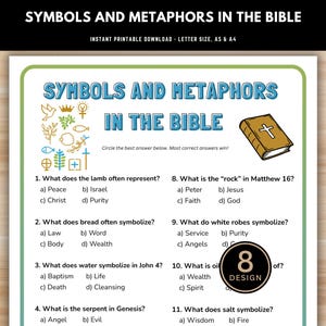 Peut inclure: Une feuille de travail imprimable intitulée "Symboles et métaphores dans la Bible" avec des questions sur le symbolisme biblique. La conception comprend une illustration de livre et des éléments décoratifs. Le texte comprend des questions et des réponses.