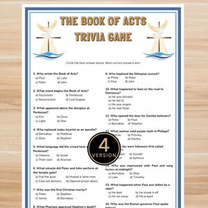 May include: A trivia game sheet titled "The Book of Acts" with multiple-choice questions. The sheet has a blue border and features a dove and cross graphic. The version number "4" is in a circle.