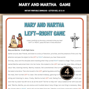 Könnte beinhalten: Ein druckbares Spiel für Kinder, das auf der biblischen Geschichte von Maria und Martha basiert. Das Spiel enthält Anweisungen und eine farbenfrohe Illustration von Maria und Martha. Der Text auf der Seite lautet "Mary and Martha Left-Right Game".